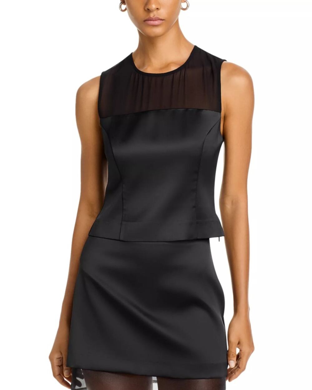 French Connection Women Black Satin Illusion Neck Panel Sleeveless Top Size 10